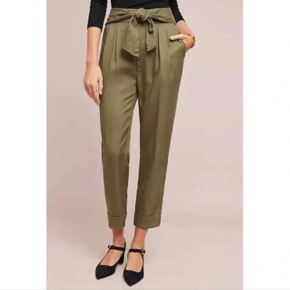 Anthropologie Pants - Anthropologie Tie Waist Olive Green‎ High Rise Ankle Pants Trousers